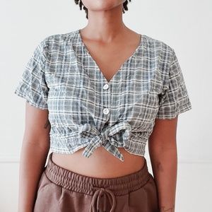 handmade vintage blue plaid tie front crop top